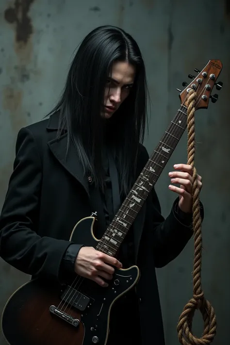 Dark wearing rockstar boy with big noose and have long straight black hair holding a guitar