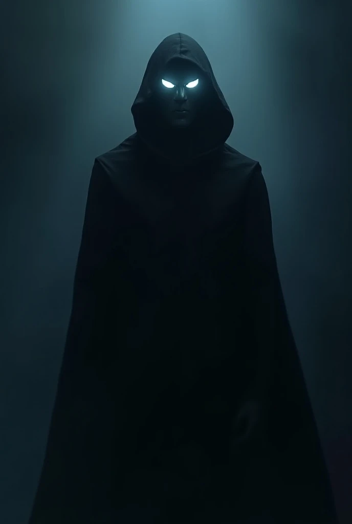 Hooded cape, hidden face in shadow, eyes glowing in white. Glowing silhouette like anodita/anodite body, alien ben10, male version. 