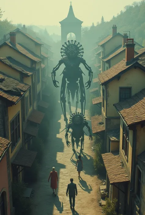  a group of creatures with heads made of gears coming together, old town, Pastel colors,  surreal atmosphere , Dream core , RAW Photo, Film grain,  aerial view from top to bottom 