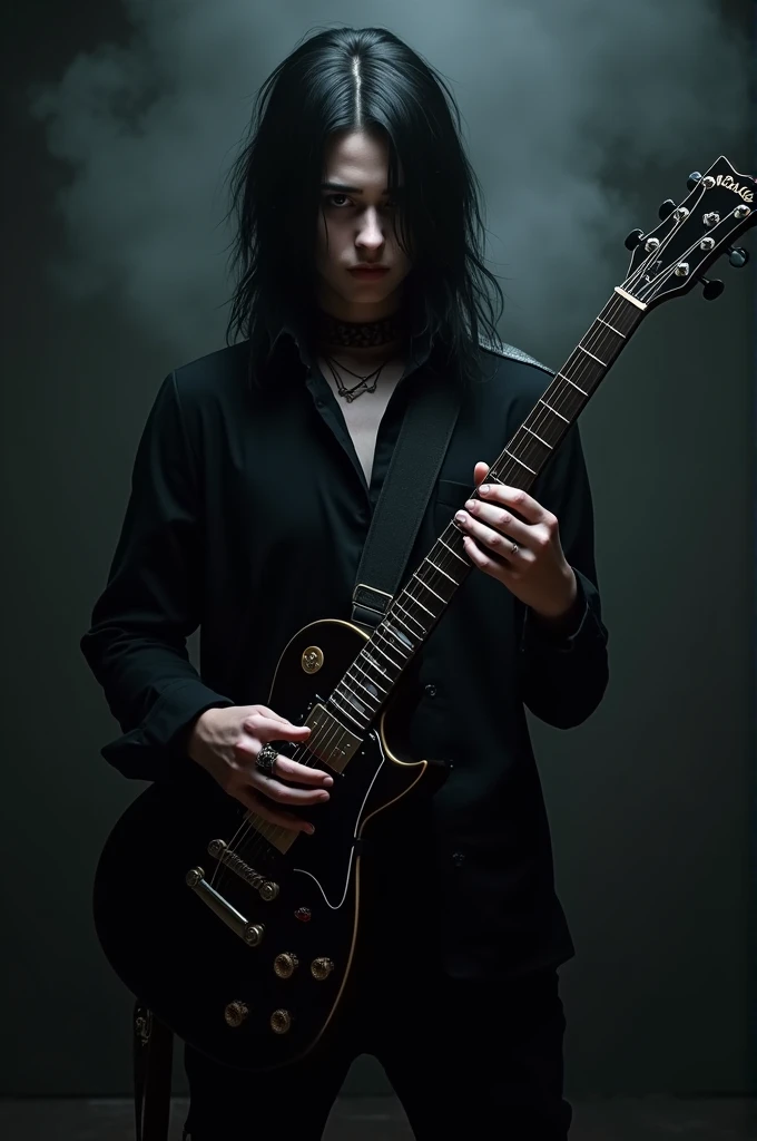 Rockstar boy wearing all dark holding a guitar and having long dark hairs and big noose 