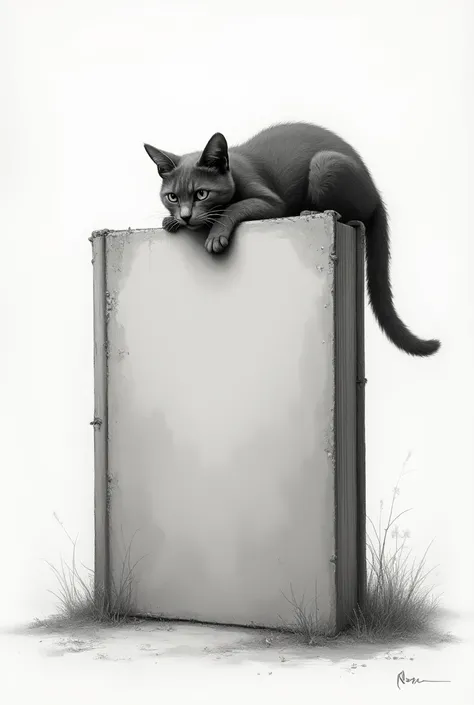 A large book cover standing and facing,  with a cat clinging to it from above ,  and showing only its head and two front paws.
Graphite drawing with filter