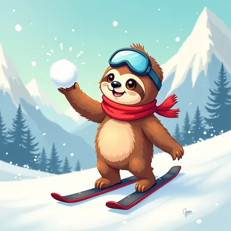 A semi-cartoon, semi-realistic illustration of an adorable sloth ready for winter sports, standing on a pair of skis or sitting on a sled. He has a playful, endearing expression with ski goggles on his head and a bit of snow dripping from his nose. Hes bun...