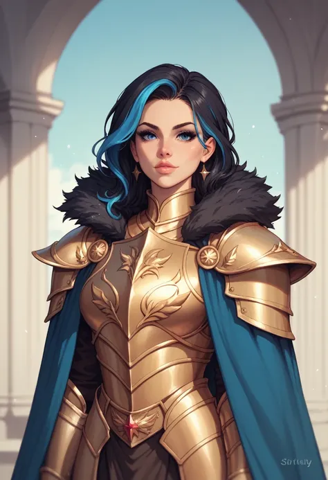 knight with short spiky black hair, golden armor with blue highlights, and a flowing cape, 