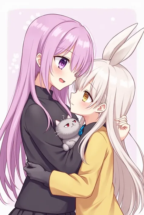 1 ,  Long hair ,  pink and purple hair color, purple eyes, Its a cat ,  pink eyes ,  black clothes,1 ,  Long hair , rabbit ears , yellow clothes,  yellow-colored eyes , anime, white hair,  flower in the left eye and theyre girlfriends