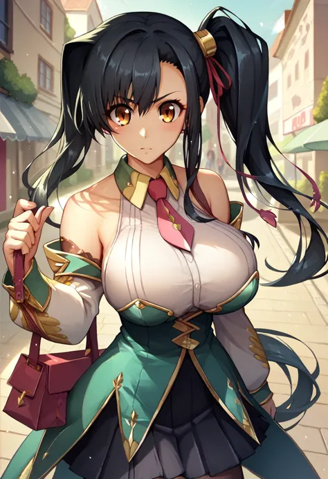 Kanu aisha_koihime _music　 side ponytail　Big Eyes　 black hair　Big Breasts　Guan Yu　Holding the Blue Dragon Engetsu Sword in both hands　background:Shopping Street