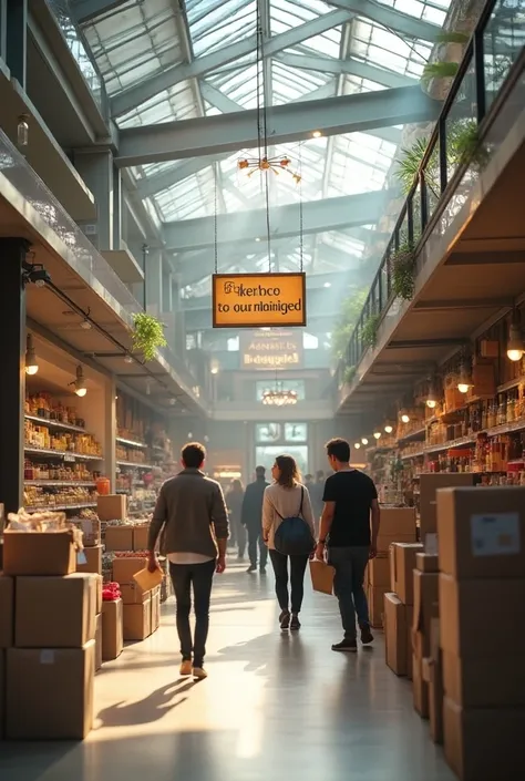  people going to a large open-roof campaign where there is a sign that says ecodot  ( the campaign should not look extremely expensive , But if its normal )  and those people enter the store while they are holding boxes with items inside that they dont use...