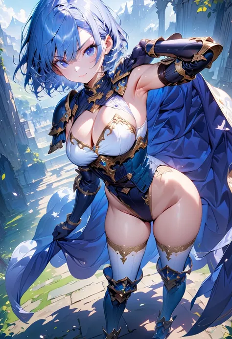 (masterpiece),(best quality),(ultra-detailed),(best illustration),(best shadow),(absurdres),(detailed background), 1girl, solo, blue-hair, breasts, short-hair, thighhighs, armor, large-breasts, blue-eyes, armpits, leotard, looking-at-viewer, gauntlets, sho...