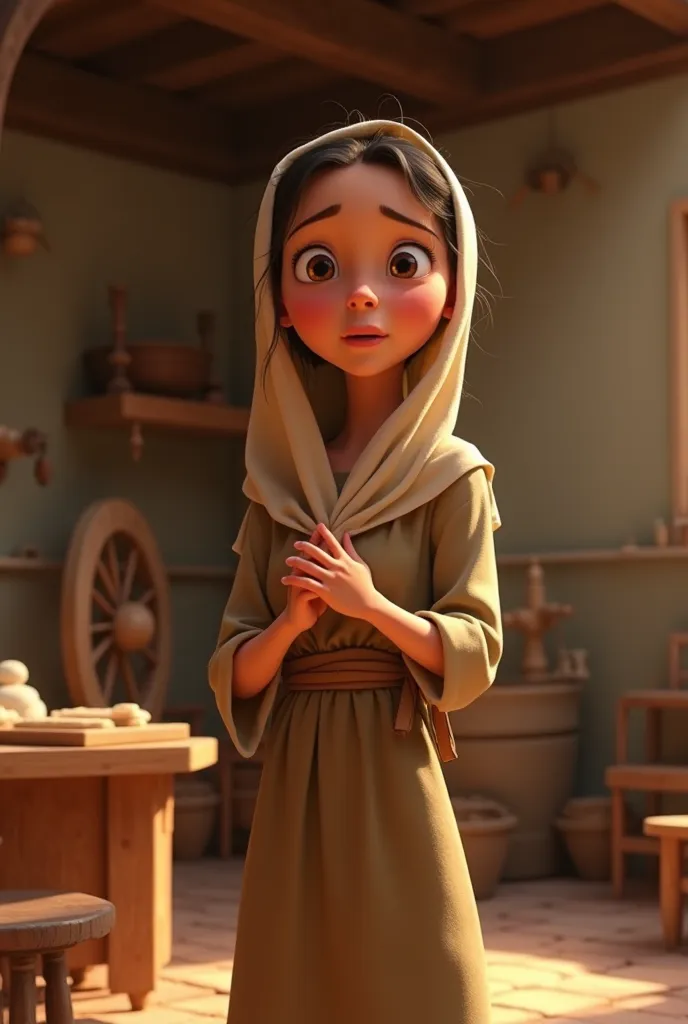  Generate a pixar-style cartoon of Mary of Nazareth doing household chores, With a surprised face almost fainted Pixar style

With the same faces and characters as the last image generated