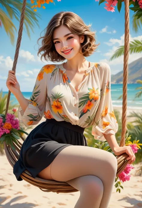 High-quality, realistic acrylic art style, VIVID COLORS, lateral point a view, a beautiful european woman, make up, looking at the viewer and a shy smile, summer blouse, black skirt, beige tights, sitting on a flower nest-shaped swing, scenario of blue sky...