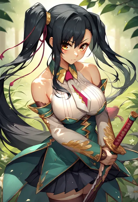 Kanu aisha_koihime _music　 side ponytail　Big Eyes　 black hair　Big Breasts　Guan Yu　Holding the Blue Dragon Engetsu Sword in both hands　Outdoor