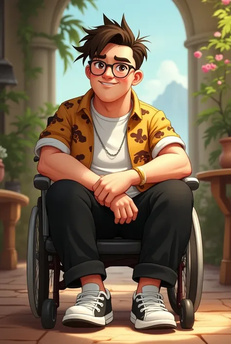  Okay I want a Disneystyle image of Sebastian .  He is a man with a thick build but who doesnt look fat,  who uses a wheelchair , is white skinned, brown eyes,  he has brown hair with a white spot on the front  (Like Cruela de Vil ) and his hairstyle is Ko...