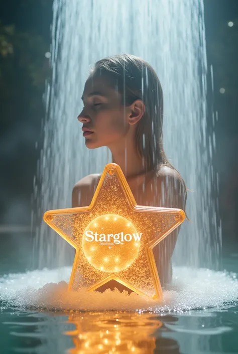  I would like to create a shampoo bottle in the shape of a star and that has the name of starglow, And for a girl to appear showering 