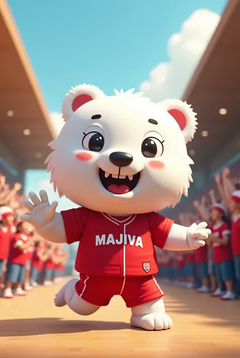 Mascot of a white bear with a red majiva university sjever as from a cartoon
