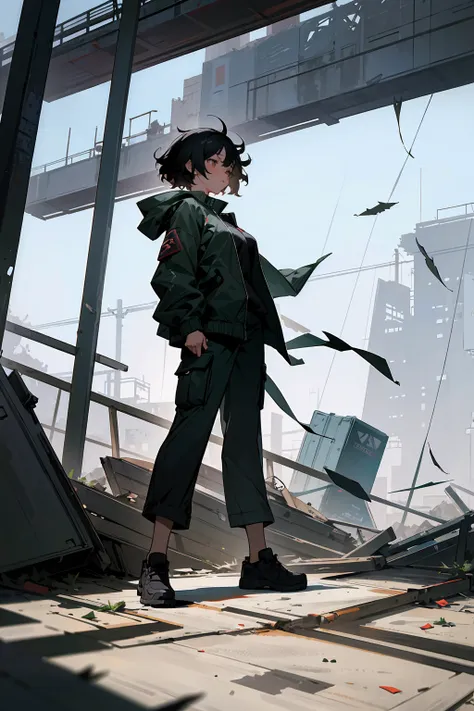 Young woman, short hair, wild hair, intense demeanor, dark windbreaker, cargo pants, gust of wind, detailed background, abandoned warehouse, broken windows, shadows