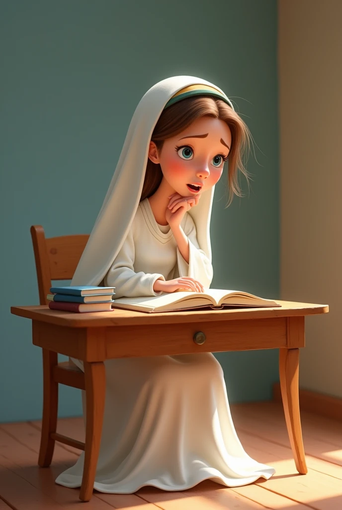 Generate a cartoon of Mary of Nazareth wearing a white Pixar-style robe doing homework, With a surprised face almost fainted Pixar style

With the same faces and characters as the last image generated