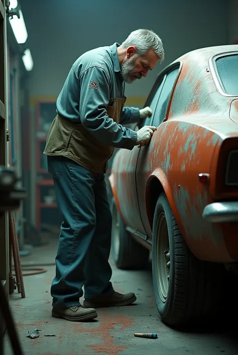 car painter, Tired and angry,  inside the paint booth