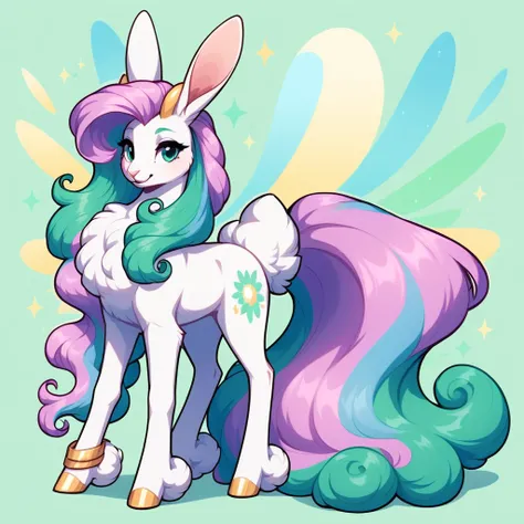 score_9, score_8_up, score_7_up, score_6_up, score_5_up, no humans, rating_safe, White furred Galarian Ponyta, pastel light-purple and green fluffy mane tail hoof and chest fur, super long white lop-rabbit ears with green finger-like tips and markings, one...