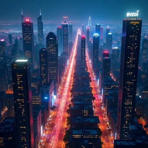 The neon city at night, viewed from the rooftops of skyscrapers, is like a giant carpet of light. Countless neon lights twinkle and colorfully illuminate the city. The headlights of cars flow like rivers, and the intersecting streets create a symphony of l...