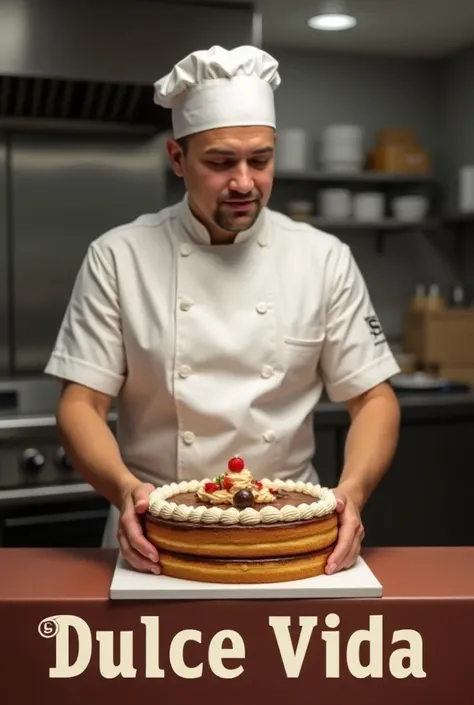 A pastry chef with a cake and underneath that says Dulce Vida