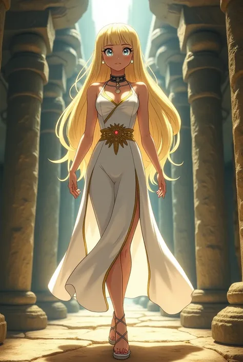  Cynthia ,  the champion of Sinnoh ,  is standing in the heart of an ancient temple ,  wrapped in a mystical and ethereal atmosphere .  She wears a tight and flowing white dress ,  made of a translucent and shiny material that reflects golden flashes when ...