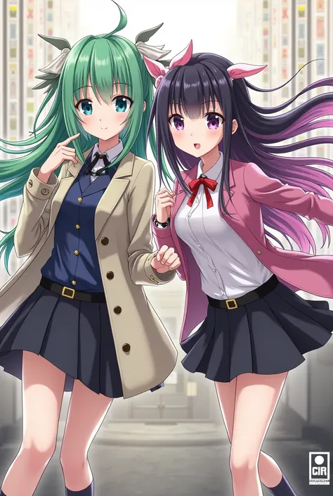 Animes little Shinobu and Mitsuri that Mitsuri has green and pink hair and Shinobu black hair with purple bangs