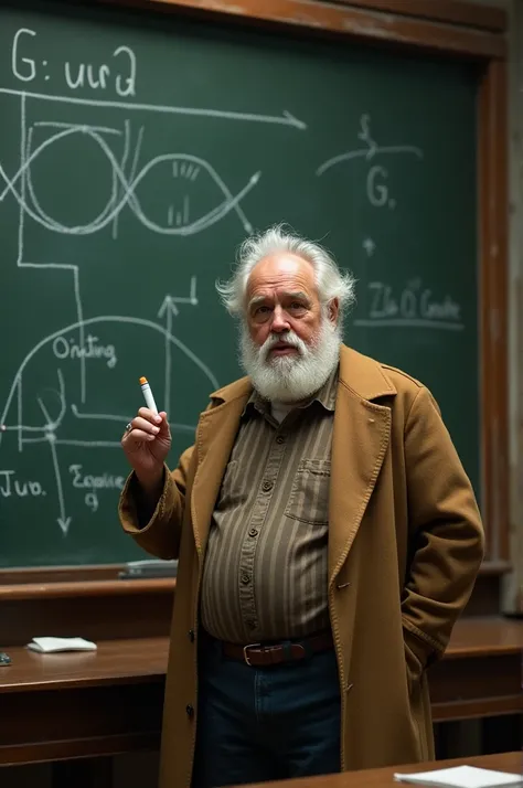 Make me a picture of a fat professor with a light gray head, make him have no beard and mustache, make him old and have his skin covered, make him wear a light brown fabric coat and make him explain it on the board 