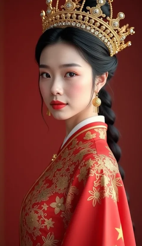 A Very Very Beautiful Chinese Woman As Queen, Wearing A Large Beautiful Crown, And Wearing Beautiful Chinese Cultural Dress Matching With China Flag Colours, Very Very Beautiful, Lovely, Awesome, Beautiful Clear Face, Eye Catching Background, Walking Strai...