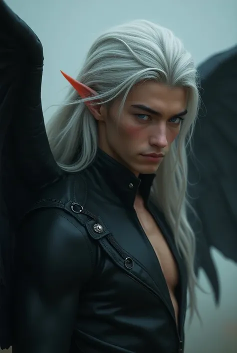 (Full photo:1.3), (action packed:1.3), (haze, fog, mist:1.3), chiaroscuro, best quality, photorealistic, 1Elf, (masculine), (24yo:1.2), Black Wings highly detailed, long silver hair highly detailed, 1700S, digital photography, art by artgerm and ruan jia a...