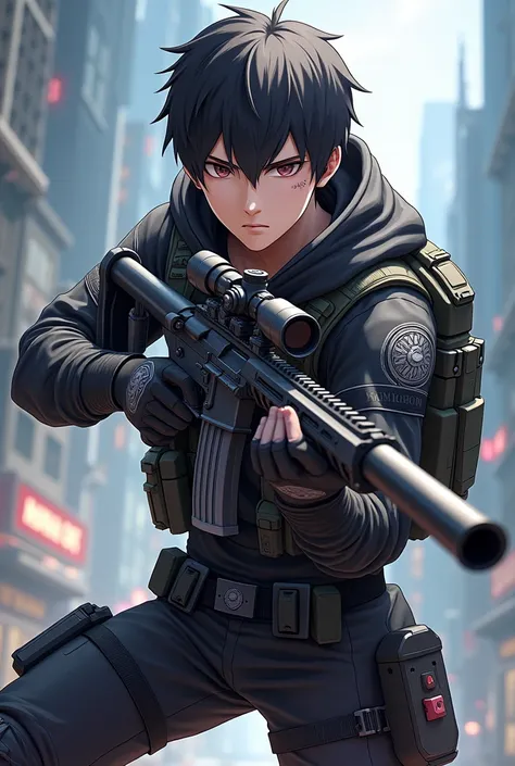 Can you create call of duty mobile character with sniper and make it anime style can you make the characters male and add the name call of duty mobile 