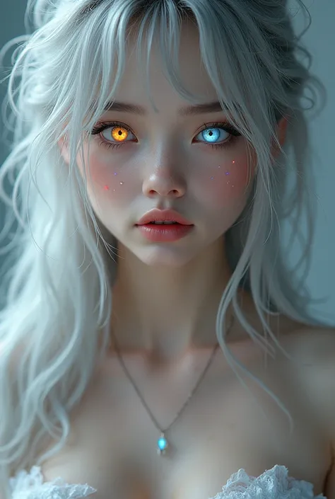 (A close-up of a better masterpiece:1.5)0.9], (Messy silver hair:1.1) ( heterochromia xanthochromia and blue eyes:1.2) (Colored stars in the eyes:1.0) (A radiant shine:1.1) ( full lips:0.9) ( big breasts:1.5) 