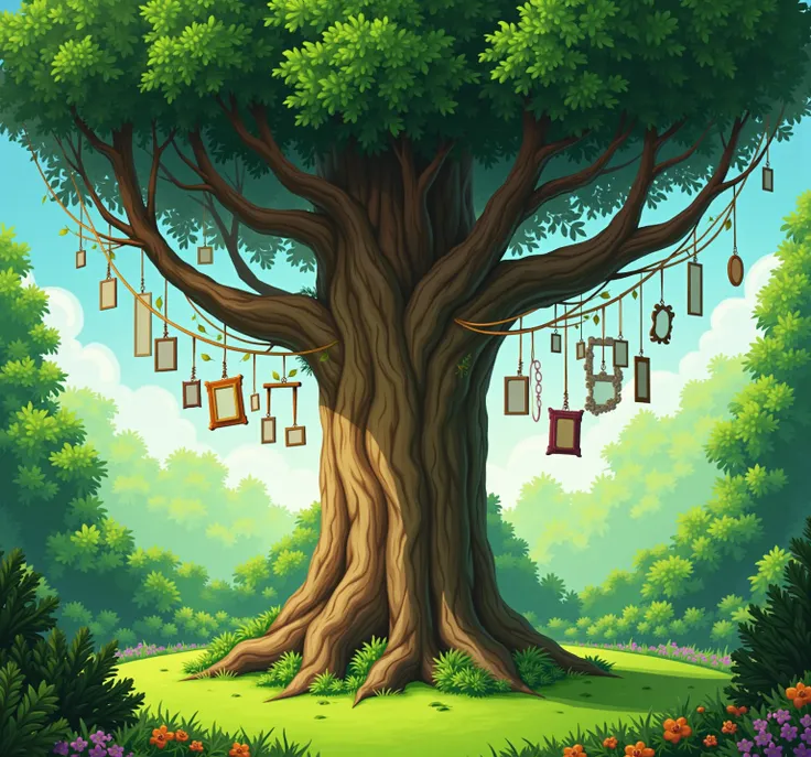 Green garden with a large tree in the middle and many picture frames hanging from its branches