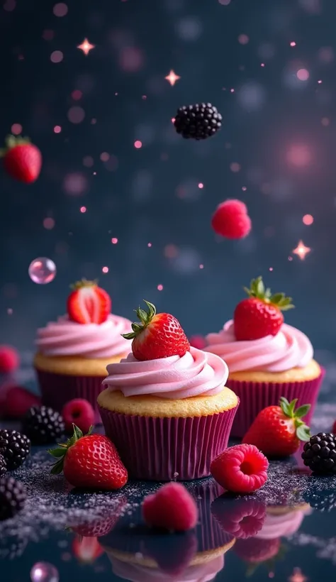 Professional photography of Cupcake, blackberries, Strawberry and raspberries floating in the universe, twinkling stars and dreams -ar 2:3 -stylize 250 -v 6.1 -style raw