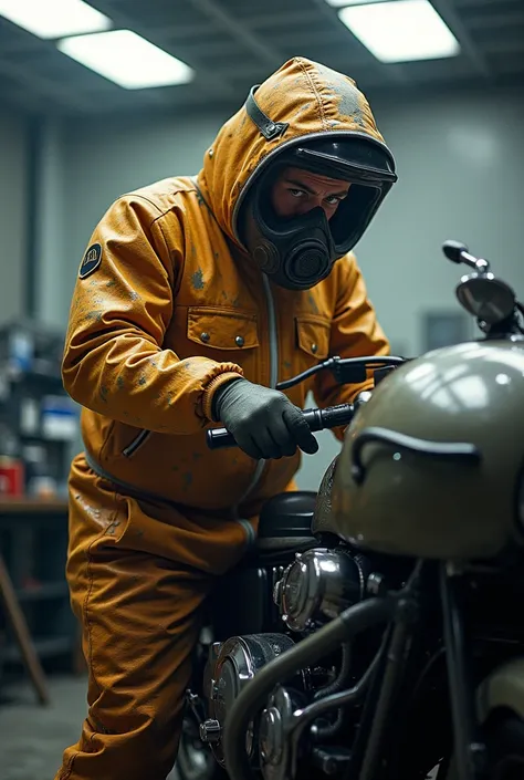 Motorcycle painter suited, angry, inside Paint booth