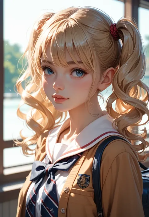 Japanese schoolgirl with long wavy blonde hair tied in twin tails, wearing a stylish summer school uniform, very small bust, blurred neutral backdrop