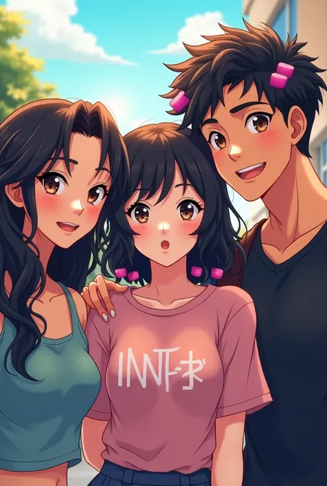  Create an anime-style profile photo for a chat group of 3 friends ,  the members are a woman with black and wavy hair with an INTP personality , The second woman has short hair with black curlers with pink-colored tips with an INFJ personality and finally...