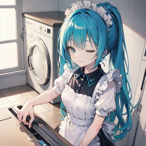 highly detailed, close up, 1girl, Hatsune Miku, long vibrant blue hair, high ponytail, neat bangs, eyes closed peacefully, gentle closed-lip smile, freckles, clear skin, (maid uniform:1.2), white apron, puffy short sleeves, blue and white color scheme, mod...