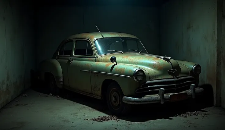 An old car stopped at night looking grim in the right corner of the screen 