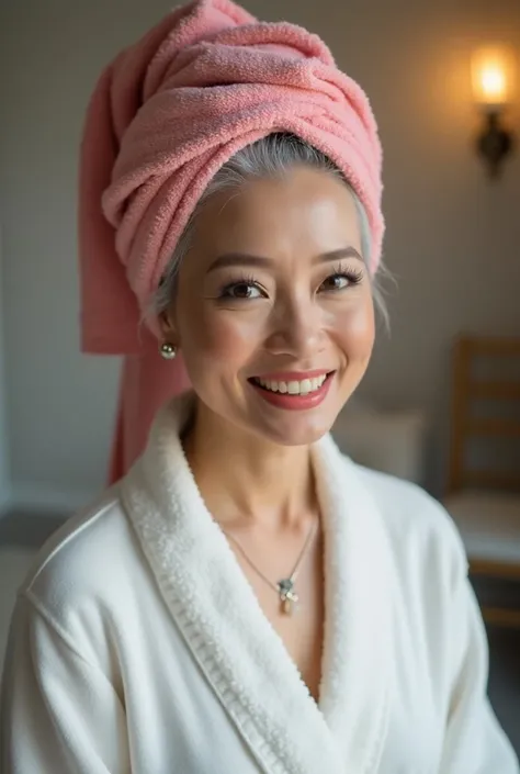 A sexy still very young looking 50 yearsold mature Filipino girl with a pink hair towel completely covering her head she is getting married wearing a bathrobe standing in a makeup room High-key lighting Style, 1girl, sol o,,gray hair, completely gray hair,...