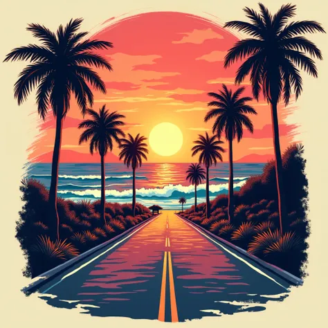 A vibrant surfer-inspired t-shirt design featuring an illustration of the Pacific Coast Highway, adorned with beautiful palm trees lining the edges. The sunis setting, casting its warm golden light over the road and the ocean beyond. Include the text I Lef...