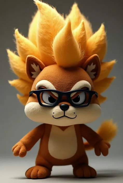 Brown stuffed animal with SUPER SAYAJIM cut and glasses with an angry and evil face with the name "ElChiappa"