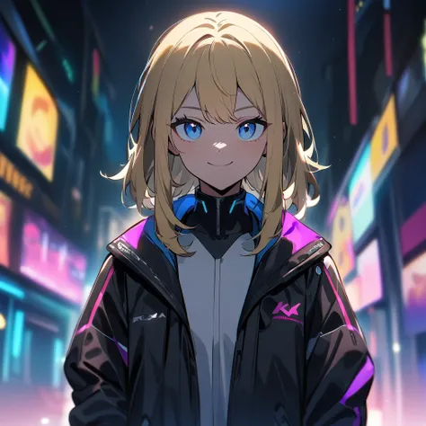 1 girl,black hair,Androgynous,medium hair,sidelocks,Covered,masterpiece,best quality,very aesthetic,absurdres,upper body,straight-on,large,Covered,Smile,double vAn anime girl with blonde hair and blue eyes, sporting a cyberpunk style.