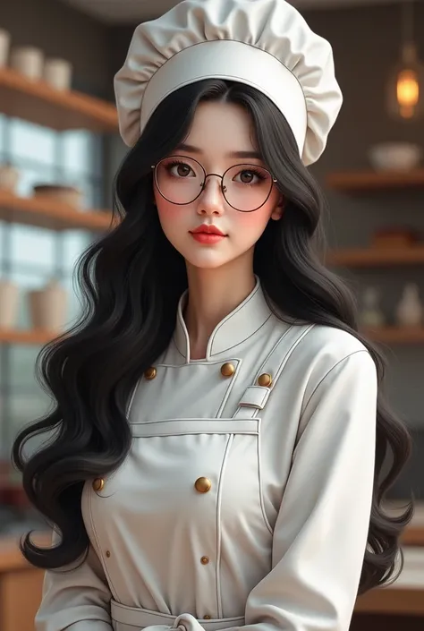  Beautiful girl with long black hair ,  dressed as a pastry chef , with glasses