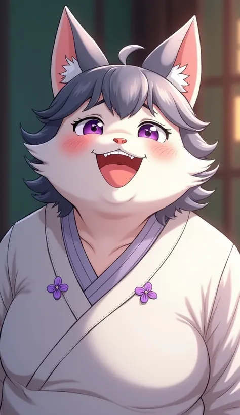 Realistic anime-style 4k quality image , Where there is a 23-year-old handsome overweight man , Half human and half feline with cat ears ,  he has white skin with a little scabies , ringed dark gray hair , purple eyes.  This same man has a cheerful and swe...