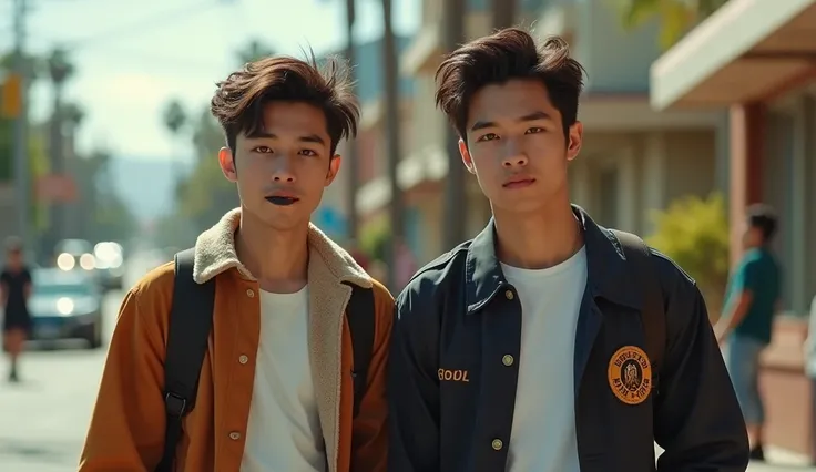  two handsome young men friends one with a friaserio look lips painted black and the other with dark hair brown eyes walk side by side they are  they are from California they are in high school, Cover for youth film you wear high school uniforms  