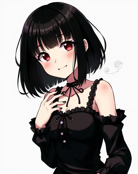 Goth anime girl with black bob hair and red eyes smiling and embarrassed 