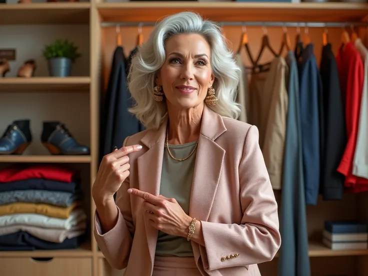 A vibrant and visually striking image tailored for a womens fashion YouTube thumbnail targeting women over 50. The scene features a confident, elegant woman in her 50s with silver or perfectly styled hair, wearing a fashionable outfit that balances chic an...