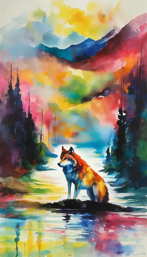 watercolor, acrylic painting of a wolf sitting, watching, forest, mountain, river, in the style of leonid afremov, stanley donwood, dark and menacing colors, nature scenes with vibrant colors, josh adamski, vibrant, lively.