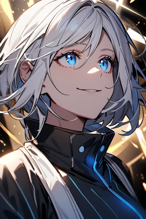 white hair, bright blue eyes, upper side view, slightly looking up, dominant smile, female, self-confident look, looking in the camera