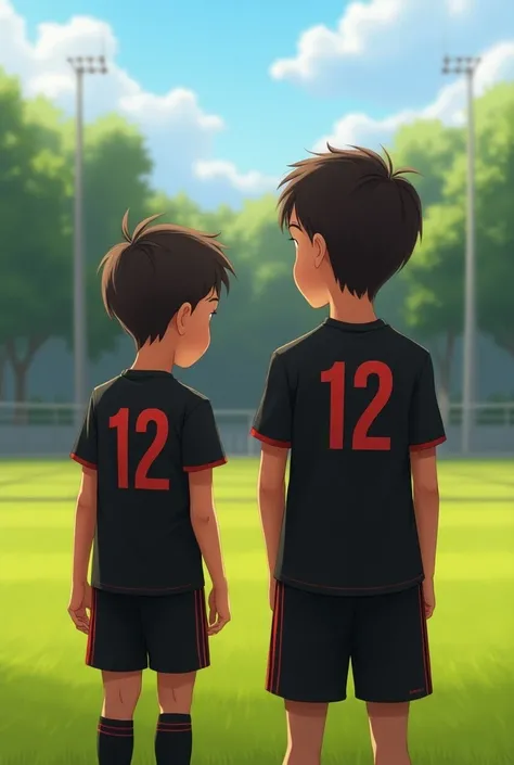 Black-haired soccer boy black t-shirt with red number 12 accompanied by his mother 