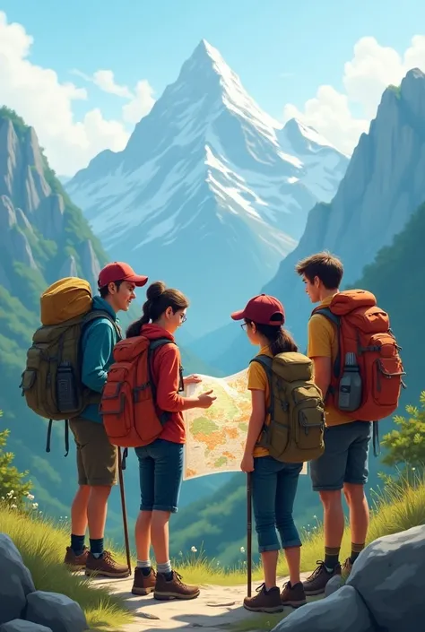  in a group of 4 friends with backpacks and hiking equipment (Like canes and water bottles )  look at a map at the entrance of a mountain trail  